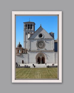White framed print of the Basilica of Saint Francis taken by Photographer Scott Allen Wilson, in Assisi, Italy.