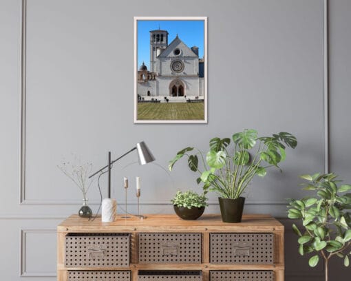 Gray wall decoration with color print of the front view of the Basilica of Saint Francis taken by Photographer, Scott Allen Wilson, in Assisi, Italy.