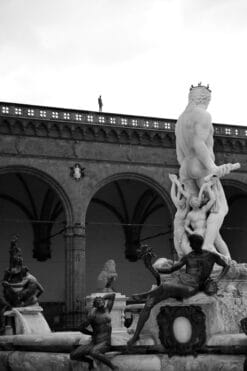 Black and white photography of the Statue of Neptune in Piazza Della Signoria taken by Photographer Scott Allen Wilson in Florence, Italy.
