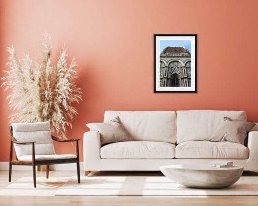 Pink wall living room with framed print of Florence cathedral and its pastel colors taken by Photographer Scott Allen Wilson