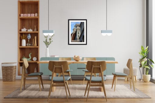 Minimalist pastel colors dining room design with framed print of Florentine architecture taken by Photographer Scott Allen Wilson