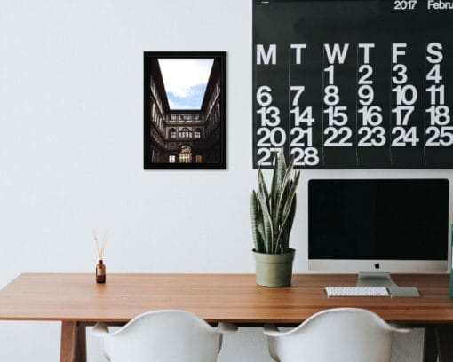 Modern black desk decoration with framed print of The Uffizi Gallery taken in Florence, Italy by Photographer Scott Allen Wilson