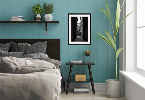 Gray and green bedroom decoration with black and white print taken in Florence, Italy by Photographer Scott Allen Wilson
