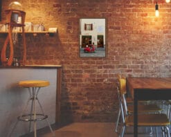 Cozy cafeteria design with a framed photo of a red vespa parked in Florence, Italy by Photographer Scott Allen Wilson