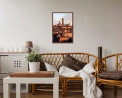 Wooden living room decoration with a sunset overview of Siena, Italy taken by Photographer Scott Allen Wilson hanging on the wall.