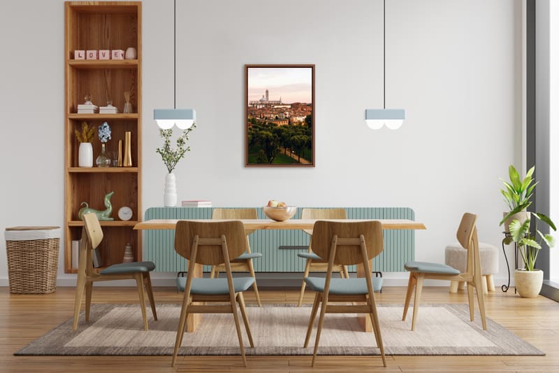 Till and wooden dining room decoration with a framed print in the back portraying a landscape of Siena, Italy taken by Photographer Scott Allen Wilson