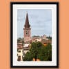 Classic framed print of San Tomaso Campanile adorned by trees and colorful buildings in Verona, Italy taken by Photographer Scott Allen Wilson