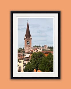 Classic framed print of San Tomaso Campanile adorned by trees and colorful buildings in Verona, Italy taken by Photographer Scott Allen Wilson
