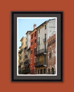 Framed picture of the colorful streets in Verona, Italy captured by Photographer Scott Allen Wilson transmitting the spirit of the city.