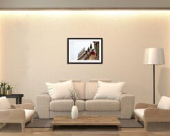 Classic beige living room decoration with an elegant architecture print of Verona, Italy taken by Photographer Scott Allen Wilson
