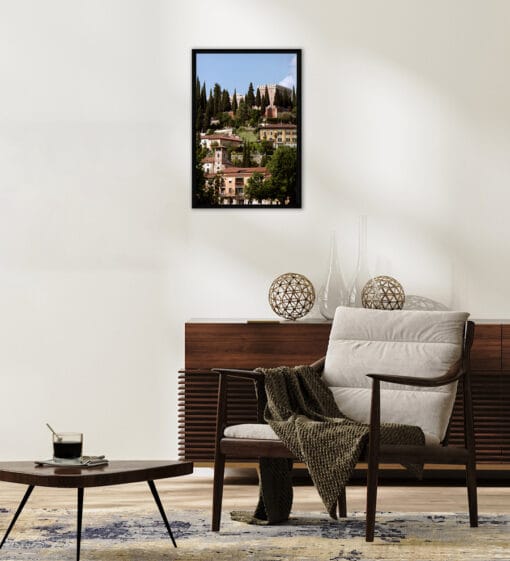 Elegant dark wooden decoration with a framed print of a landscape in Verona, Italy taken by Photographer Scott Allen Wilson