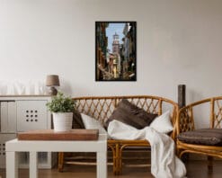 Cozy wooden living room decoration with a colorful framed print that shows the spirit of Verona, Italy taken by Photographer Scott Allen Wilson