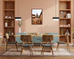 Wood and till dining room with a colorful framed print taken by Photographer Scott Allen Wilson in Verona, Italy.