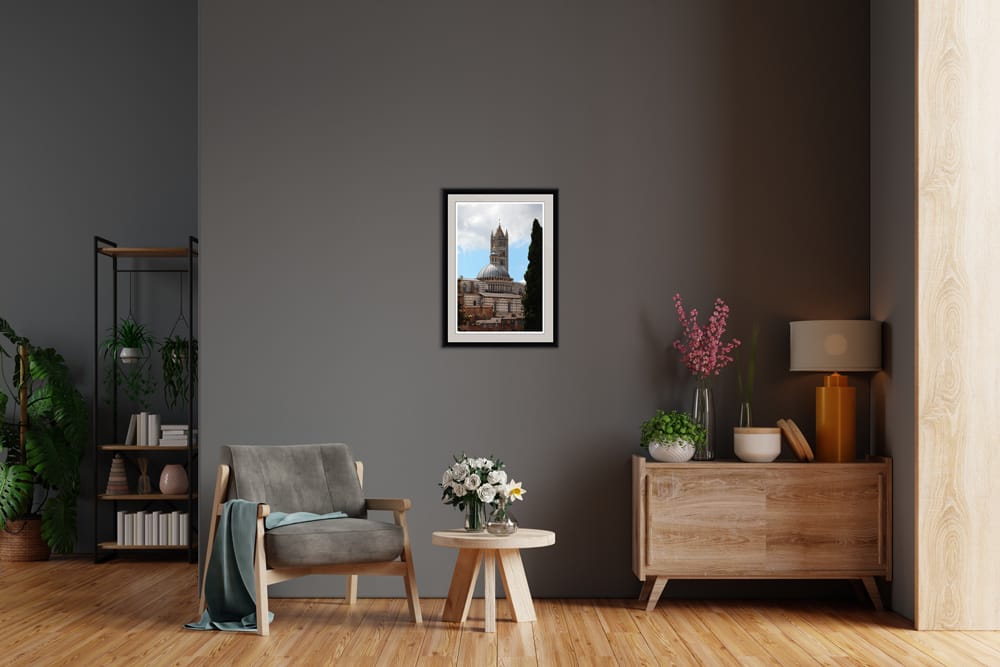 Dark gray decoration with a framed print of the Duomo di Siena in Italy by Photographer Scott Allen Wilson