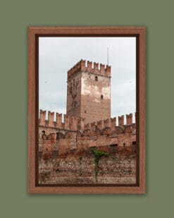 Wooden framed print of Castelvecchio tower covered by a tall brick fortress taken by Photographer Scott Allen Wilson in Verona, Italy
