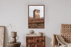 Wooden decoration combined with a framed print of Castelvecchio tower covered by brick walls in Verona, Italy taken by Photographer Scott Allen Wilson