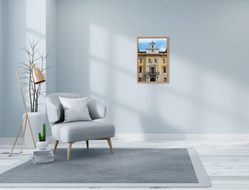 Gray minimalist decoration with a touch of bright yellow from the framed print of Palazzo delle Poste in Verona, Italy taken by Photographer Scott Allen Wilson