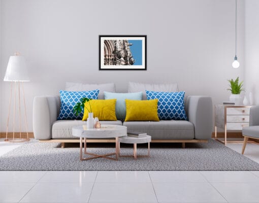 Gray and blue living room decoration that combines with the blue sky in the print of the Duomo di Siena taken by Photographer Scott Allen Wilson in Italy.