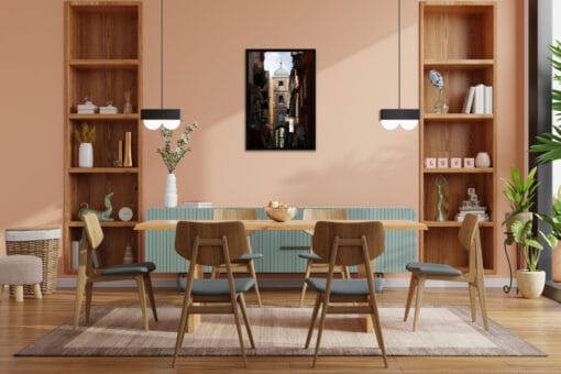 Salmon pink dining room decoration combined with a framed print of the Christmas Alley in Naples, Italy taken by Photographer Scott Allen Wilson