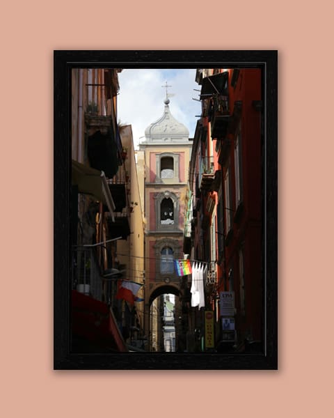 Wooden framed print of San Gregorio Armeno street, or Christmas Alley, taken by Photographer Scott Allen Wilson in Naples, Italy.