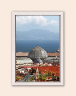 White framed print of an overlook of the Galleria Umberto I with water behind taken by Photographer Scott Allen Wilson in Naples, Italy.
