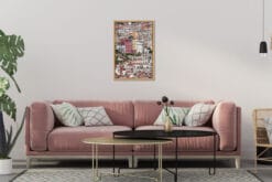 Pink living room decoration with a framed print of a crowded landscape of Naples, Italy taken by Photographer Scott Allen Wilson