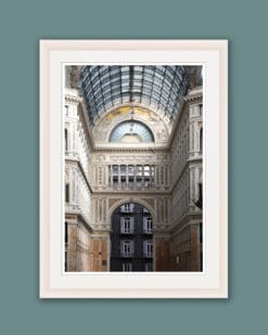 Classic white framed print of Galleria Umberto I with Renaissance figures on the walls take in Naples, Italy by Photographer Scott Allen Wilson