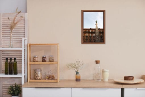 Kitchen wall decoration with a wooden framed photo of the Obelisco di San Domenico in Naples Italy take by Photographer Scott Allen Wilson
