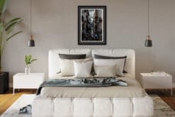 Modern bedroom decoration with a framed print of Via Pasquale Scura located in the historic cask of Naples, Italy take by Photographer Scott Allen Wilson