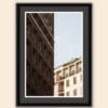Framed print of geometric figures captured by Photographer Scott Allen Wilson of a residential building framed by a narrow street in Naples, Italy.