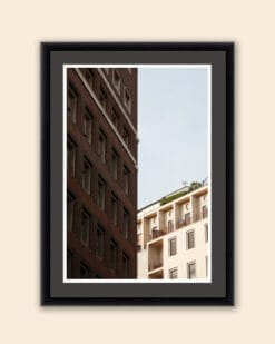 Framed print of geometric figures captured by Photographer Scott Allen Wilson of a residential building framed by a narrow street in Naples, Italy.