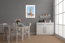 Vintage kitchen decoration with an elegant framed print of a bell tower in Venice, Italy by Photographer Scott Allen Wilson