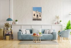 Light blue living room design with a framed print of the Dodge Palace in Venice, Italy taken by Photographer Scott Allen Wilson.