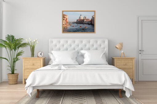 Modern white room with a wooden framed landscape print of the Grand Canal in Venice, Italy taken by Photographer Scott Allen Wilson.