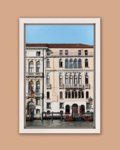 White framed print of palaces along the Grand Canal taken by Photographer Scott Allen Wilson in Venice, Italy.