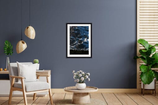 Blue wall decoration with a framed print of the Dolomites, Italy taken by Photographer Scott Allen Wilson