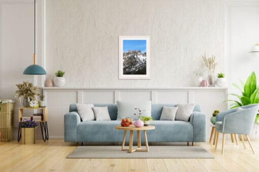 Living room decoration with pastel colors with wite framed print of the Dolomites, Italy taken by Photographer Scott Allen Wilson