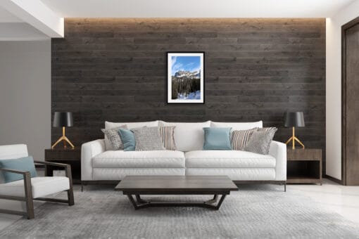 Modern sober living room decoration with a framed print of the Dolomites, Italy taken by Photographer Scott Allen Wilson.