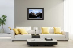 Modern and classy living room decoration with a framed print of the Dolomites, Italy taken by Photographer Scott Allen Wilson.
