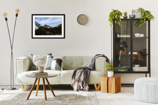 Minimalist living room decoration with a landscape framed print of the Dolomites, Italy by Photographer Scott Allen Wilson.