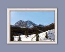 Beautiful landscape framed print of the snow-capped mountains and pine tree forest of the Dolomites, Italy taken by Photographer Scott Allen Wilson.