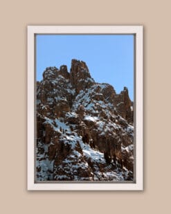 Close up photo of the Dolomites peaks in Italy, in a white frame, taken by Photographer Scott Allen Wilson.