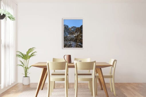 Minimalist dining room with wooden white frame of the Dolomites, Italy taken by Photographer Scott Allen Wilson.