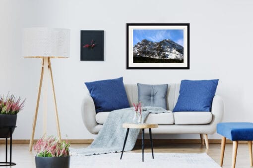 Blue living room decoration with a landscape framed print of the Dolomites, Italy taken by Photographer Scott Allen Wilson.