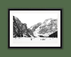 Black and white framed print of Lago di Braies taken in the Dolomites, Italy by Photographer Scott Allen Wilson.