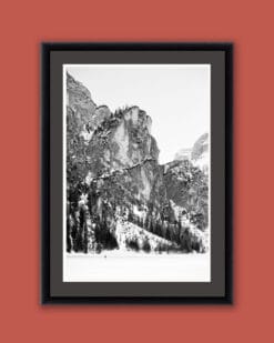 Stunning black and white framed photo of Lago di Braies taken in the Dolomites, Italy by Photographer Scott Allen Wilson.