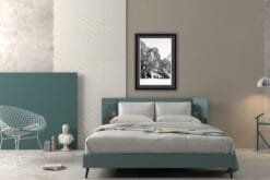Gray and till bedroom decoration with a black and white framed photo of Lago di Braies taken in the Dolomites, Italy by Photographer Scott Allen Wilson.