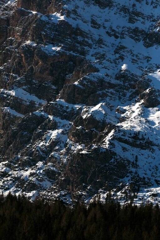 Close shot of the mountain range of the Dolomites, Italy showing textures and blue shades taken by Photographer Scott Allen Wilson