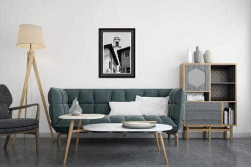 Minimalist living room decoration in gray and green with a black and white photo of buildings in Lazise, Italy taken by Photographer Scott Allen Wilson.