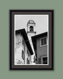 Black and white framed print of the traditional architecture in Lazise, Italy taken from a low angle by Photographer Scott Allen Wilson.